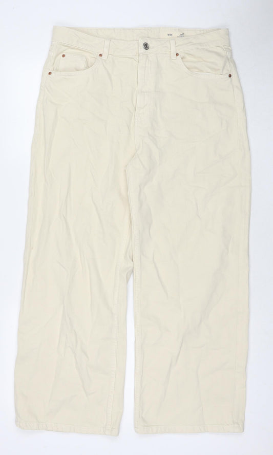 Marks and Spencer Womens Beige Cotton Wide-Leg Jeans Size 16 L27 in Regular Zip