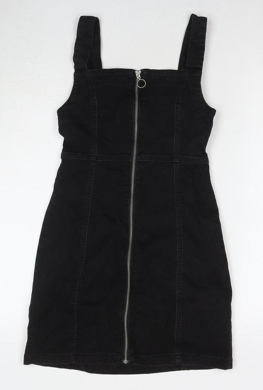 Denim & Co. Womens Black Cotton Tank Dress Size 8 Square Neck Zip