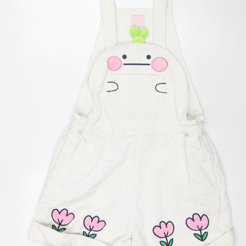 Y.T.R Womens White Polyester Blend Dungaree Shorts Shorts Size L L4 in Regular Button - Bunny Rabbit Snail Flowers