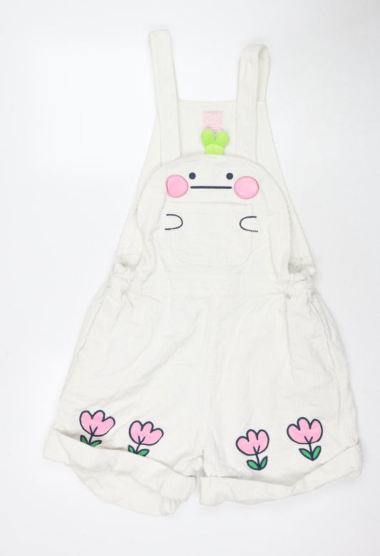 Y.T.R Womens White Polyester Blend Dungaree Shorts Shorts Size L L4 in Regular Button - Bunny Rabbit Snail Flowers