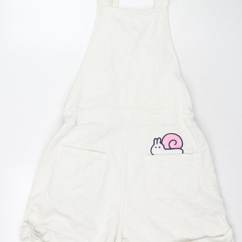 Y.T.R Womens White Polyester Blend Dungaree Shorts Shorts Size L L4 in Regular Button - Bunny Rabbit Snail Flowers