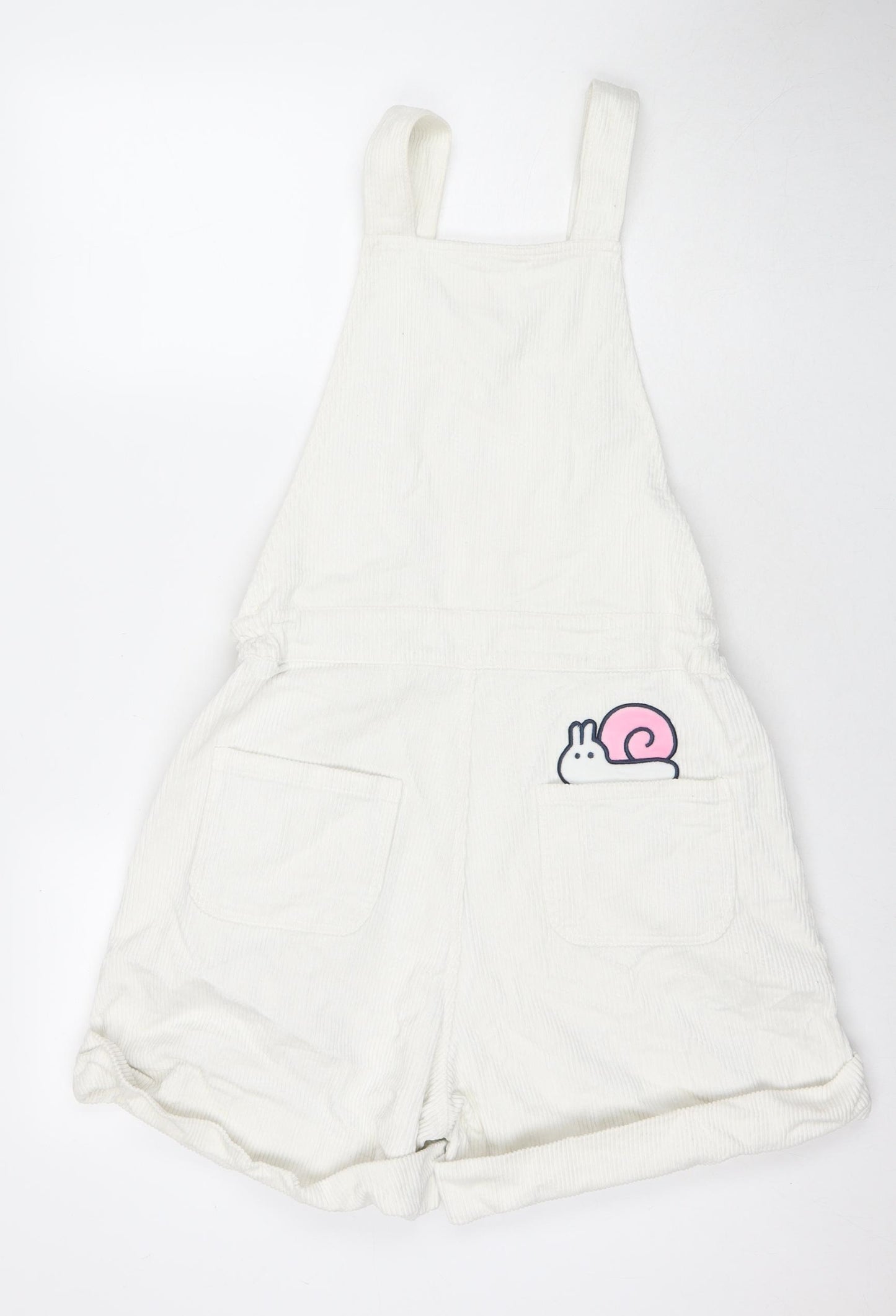 Y.T.R Womens White Polyester Blend Dungaree Shorts Shorts Size L L4 in Regular Button - Bunny Rabbit Snail Flowers