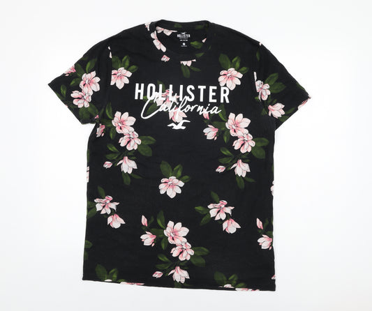 Hollister Mens Black Floral Cotton T-Shirt Size M Round Neck