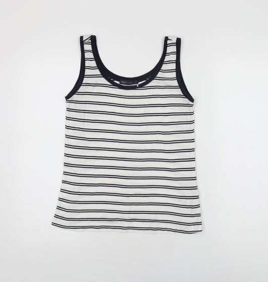 Marks and Spencer Womens White Striped Cotton Basic Tank Size 12 Scoop Neck