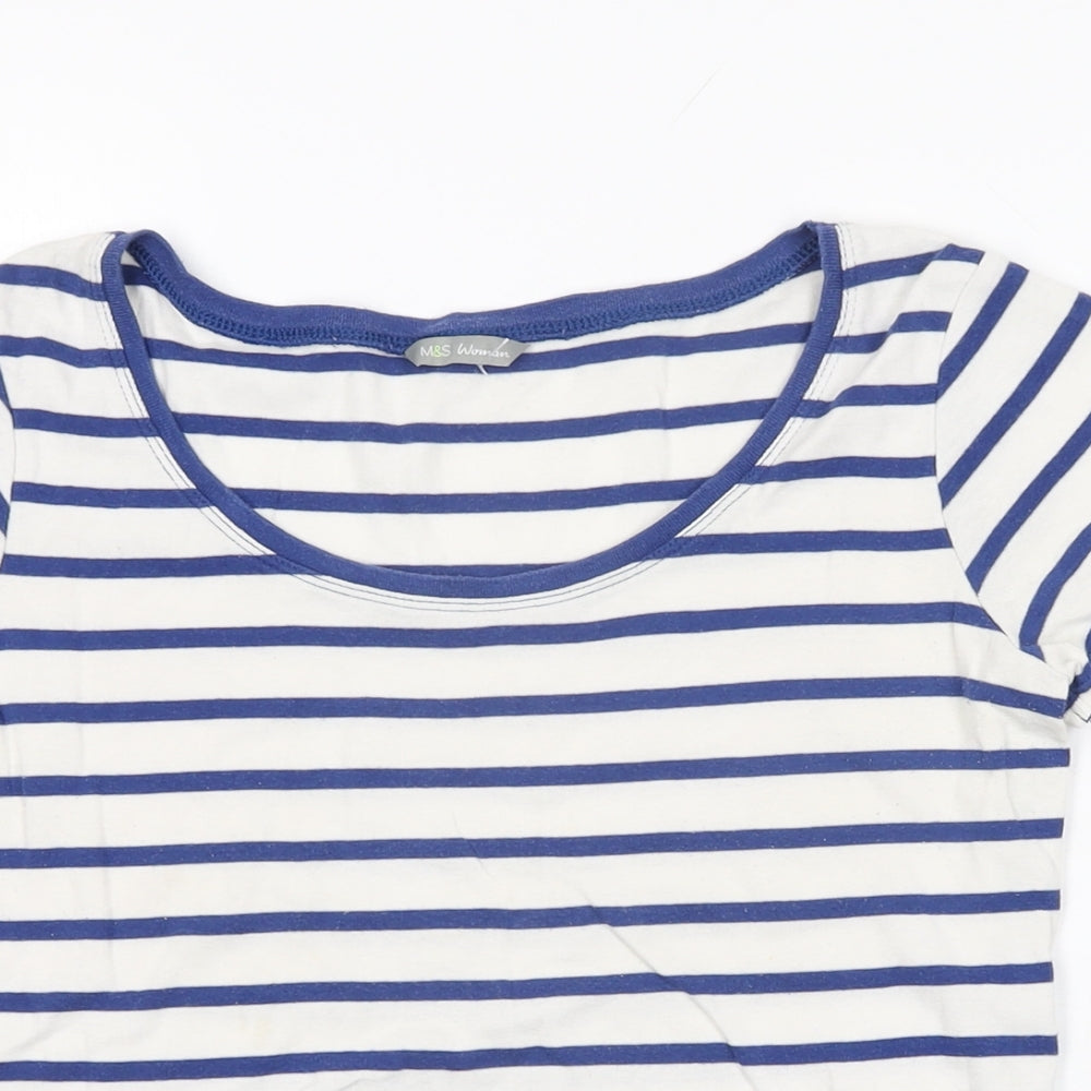 Marks and Spencer Womens White Striped Cotton Basic T-Shirt Size 14 Round Neck