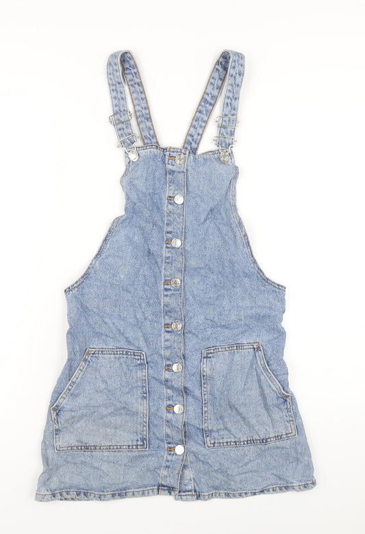 Denim & Co. Womens Blue Cotton Pinafore/Dungaree Dress Size 10 Square Neck Buckle