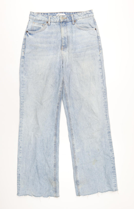 Zara Womens Blue Cotton Wide-Leg Jeans Size 12 L32 in Regular Zip