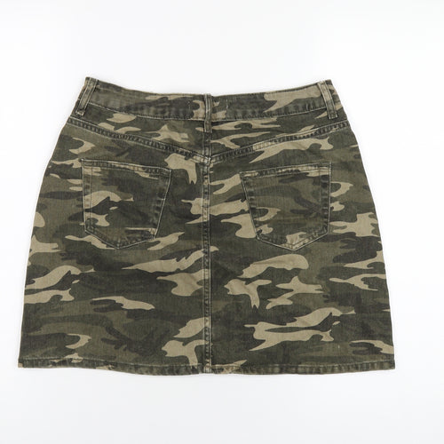 Denim & Co. Womens Green Camouflage Cotton A-Line Skirt Size 12 Zip