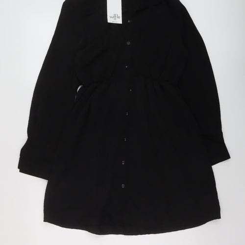 Suffle Womens Black Polyester A-Line Size L Collared Button