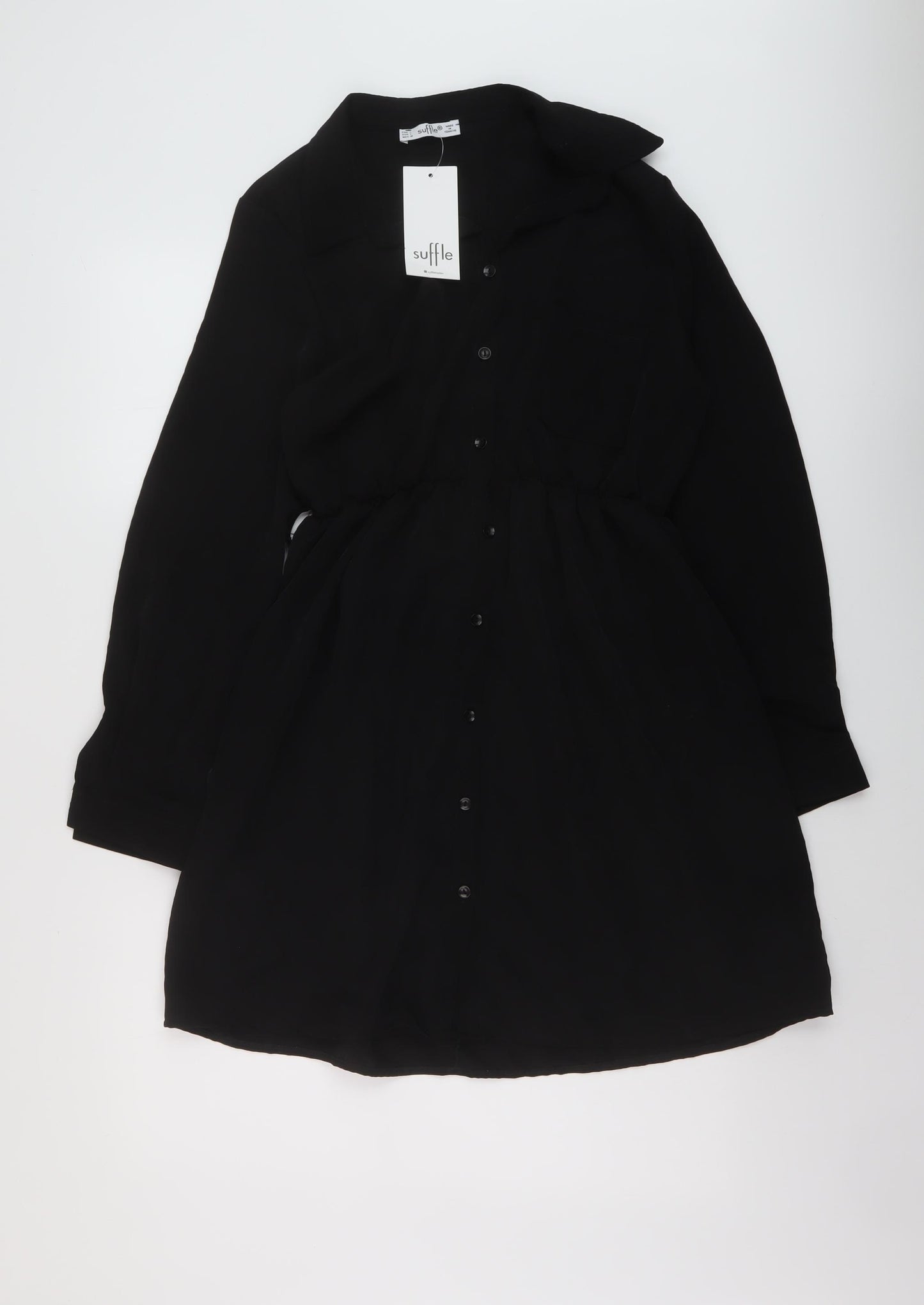 Suffle Womens Black Polyester A-Line Size L Collared Button