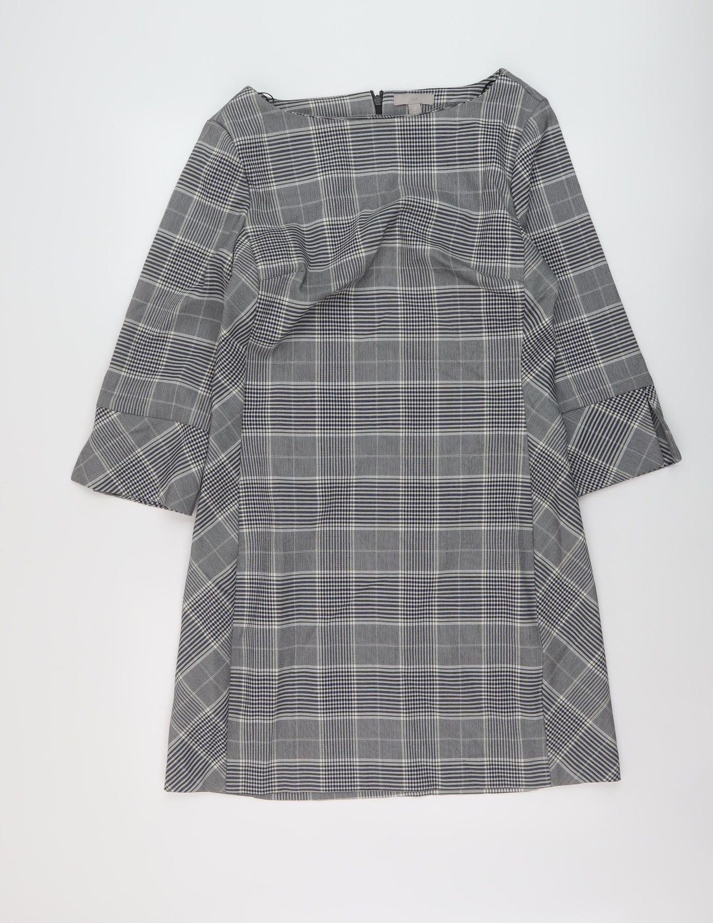 H&M Womens Grey Plaid Polyester A-Line Size 14 Round Neck Zip