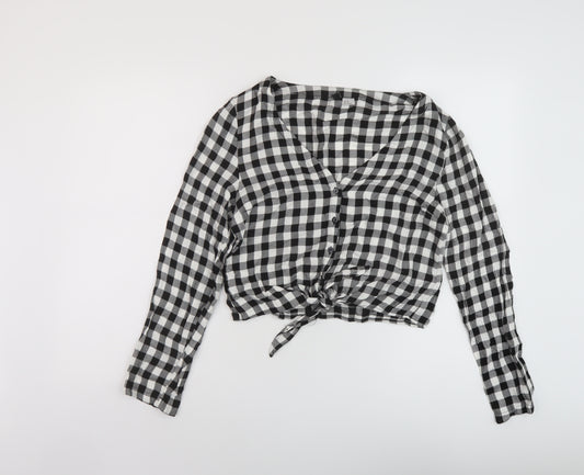 H&M Womens Black Check Viscose Basic Blouse Size 10 V-Neck