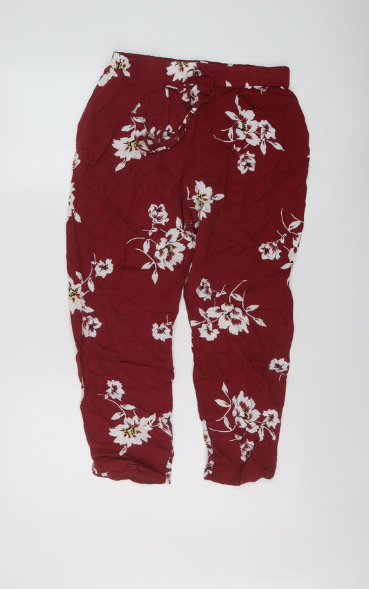 Miss Selfridge Womens Red Floral Viscose Trousers Size 10 L22 in Regular Drawstring