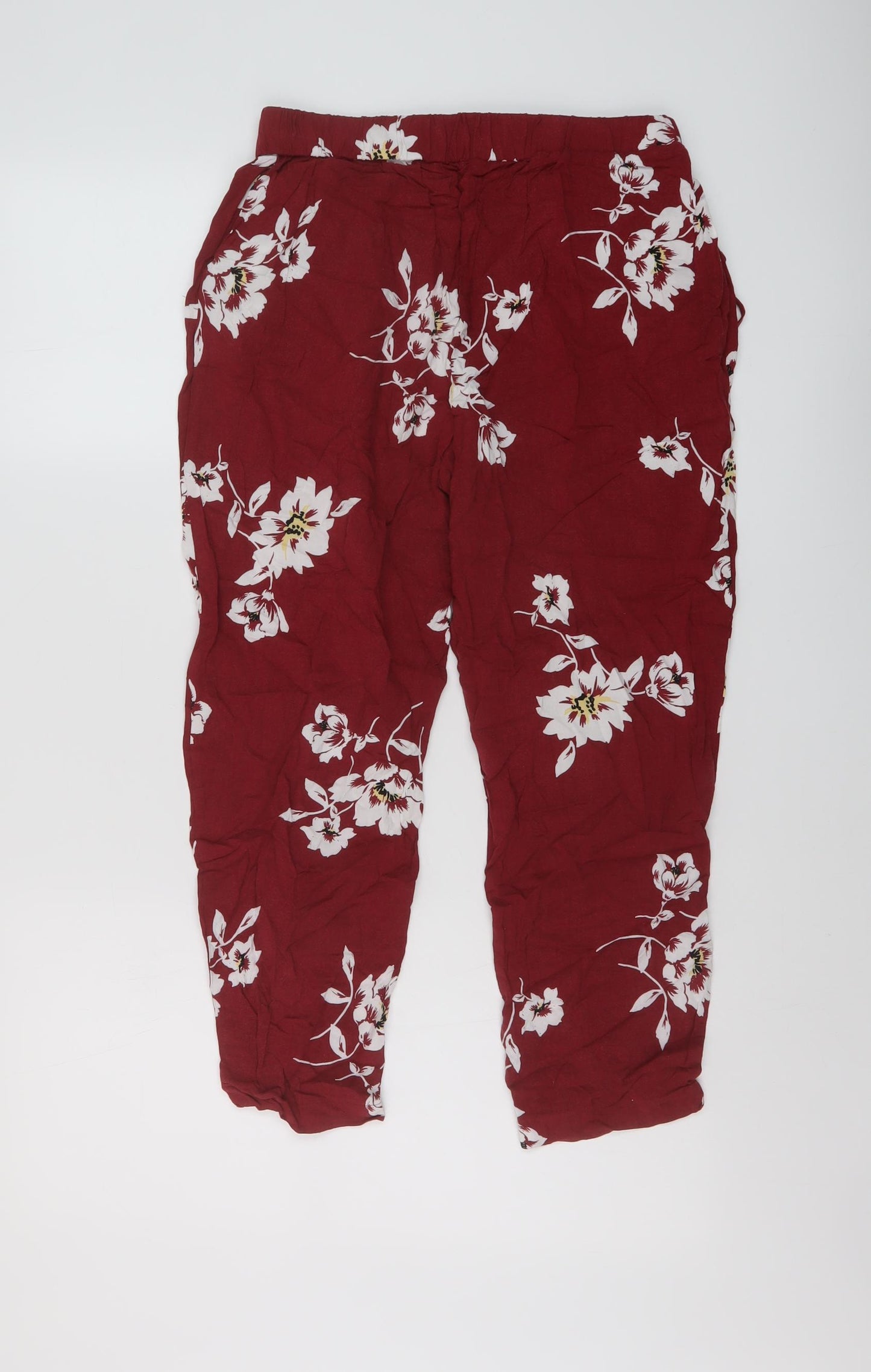 Miss Selfridge Womens Red Floral Viscose Trousers Size 10 L22 in Regular Drawstring