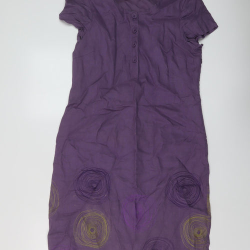 Boden Womens Purple Linen A-Line Size 12 Round Neck Button