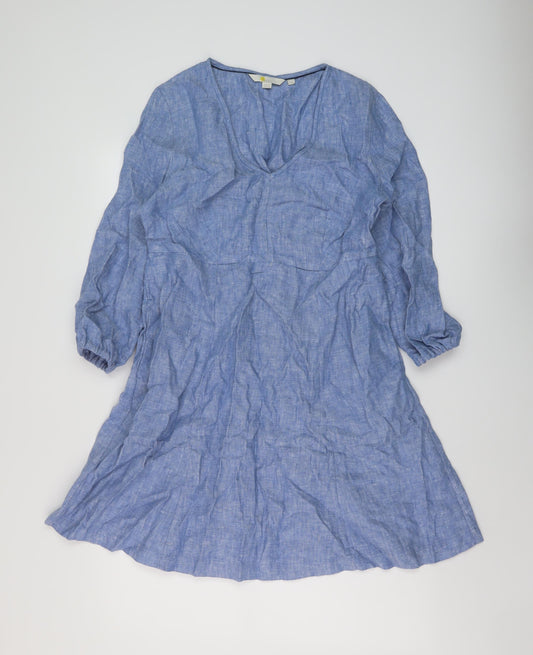 Boden Womens Blue Linen A-Line Size 12 V-Neck Pullover