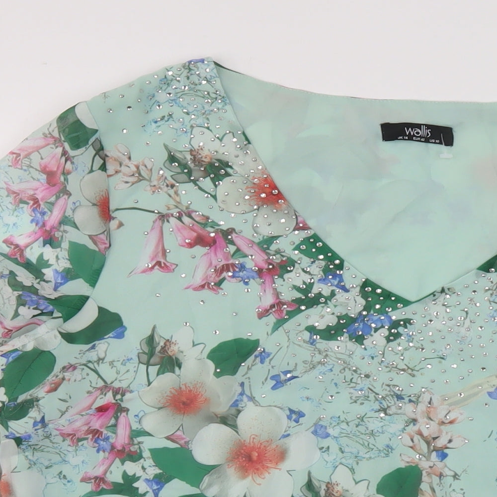 Walis Womens Blue Floral Polyester Basic Blouse Size 14 V-Neck