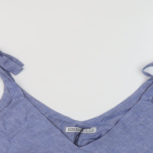 Zara Womens Blue Cotton Basic Blouse Size M V-Neck