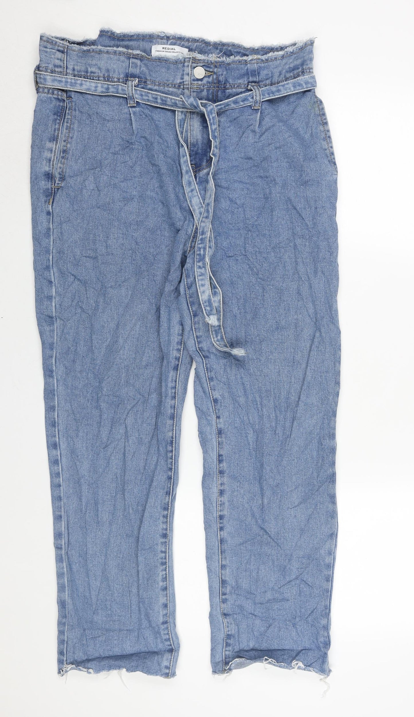 Redial Womens Blue Cotton Straight Jeans Size 16 L26 in Regular Zip - Belted Raw Edge Detail