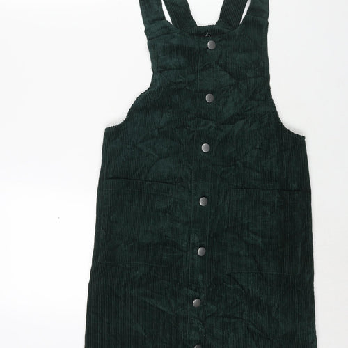 New Look Womens Green Cotton Pinafore/Dungaree Dress Size 12 Scoop Neck Pullover - Button Detail