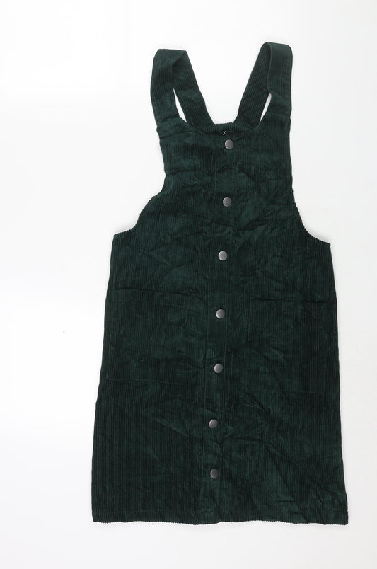 New Look Womens Green Cotton Pinafore/Dungaree Dress Size 12 Scoop Neck Pullover - Button Detail