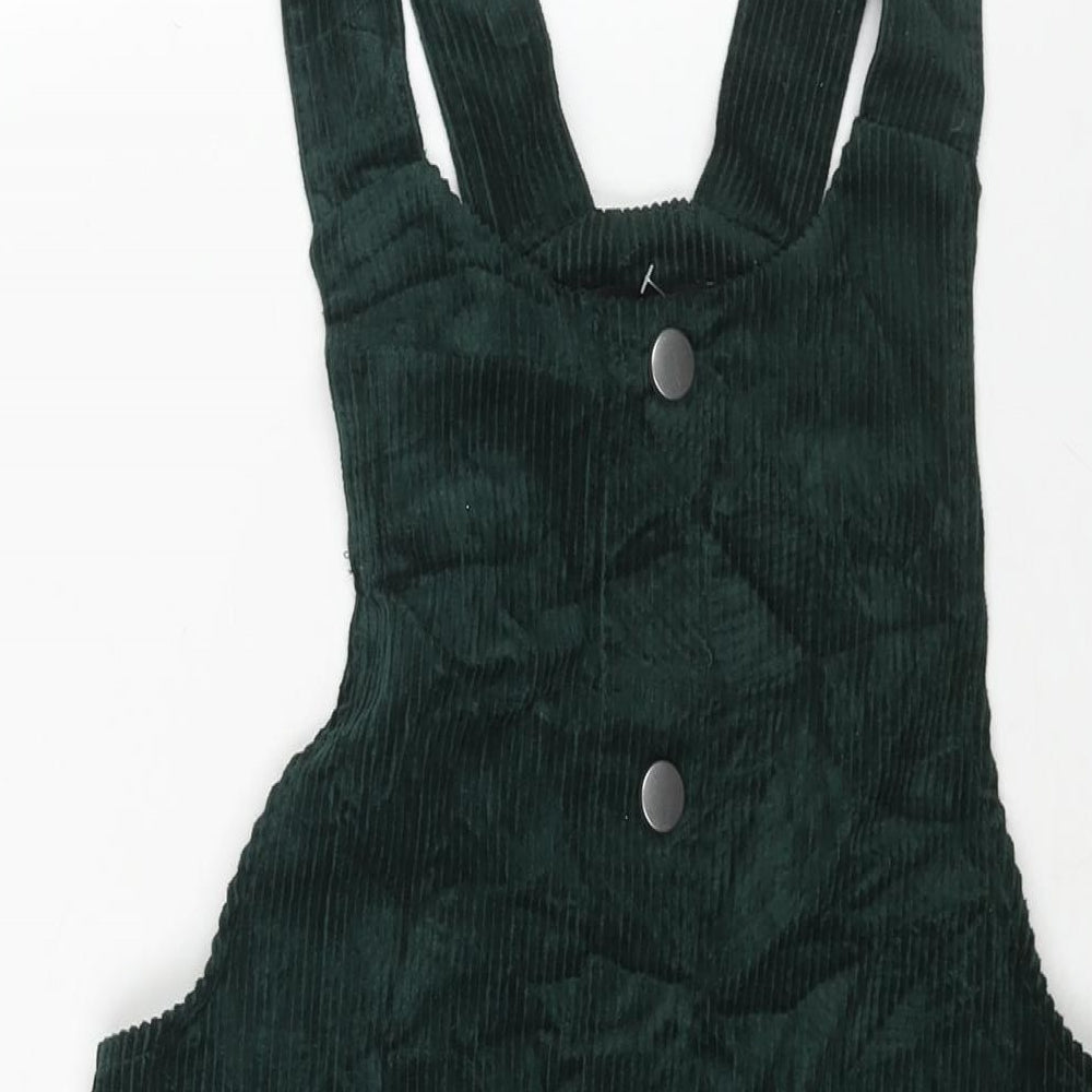 New Look Womens Green Cotton Pinafore/Dungaree Dress Size 12 Scoop Neck Pullover - Button Detail