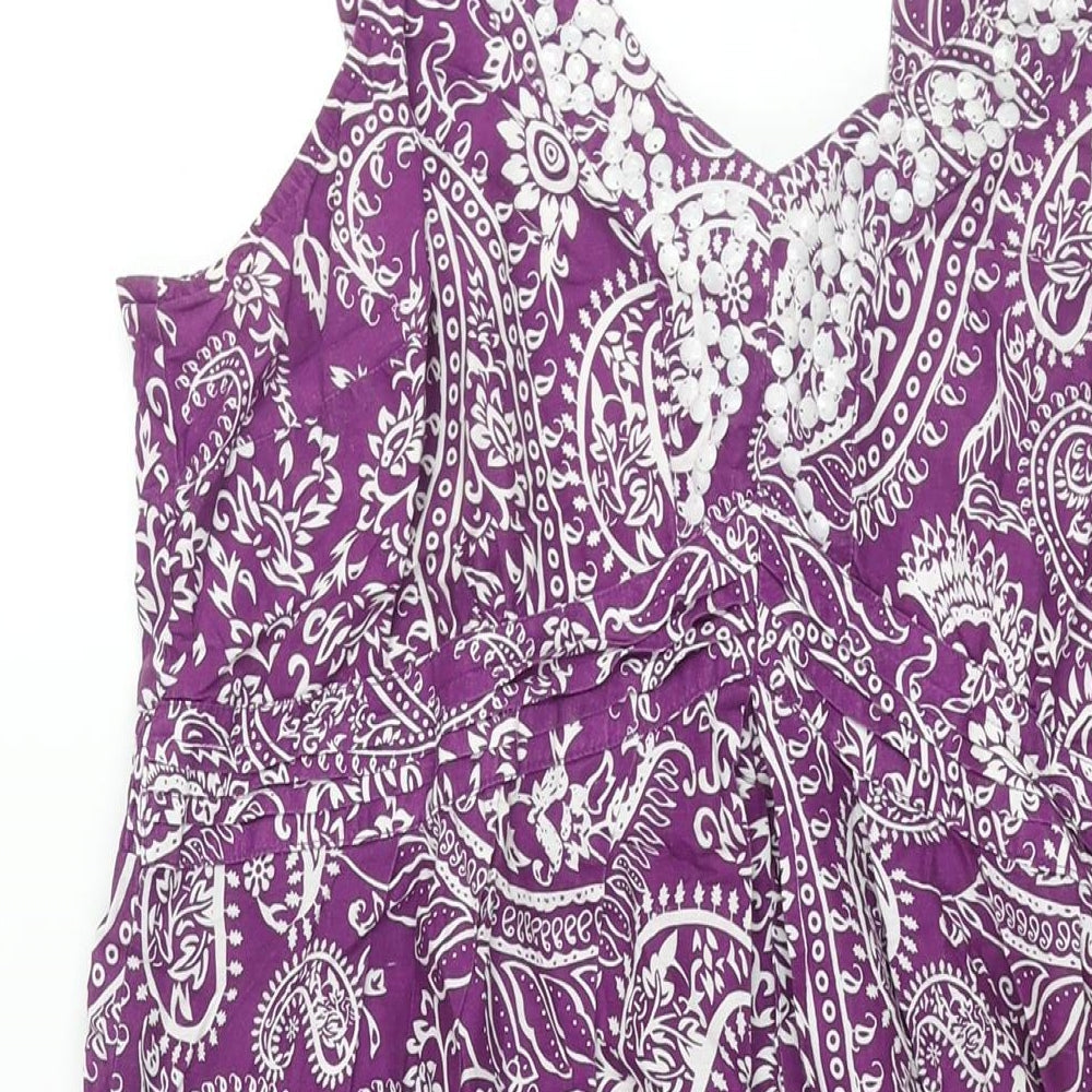 Debenhams Womens Purple Paisley Cotton Shift Size 16 Sweetheart Pullover - Sequin Detail