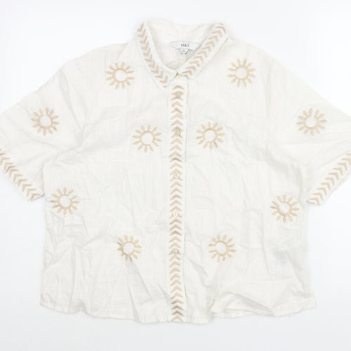 Marks and Spencer Womens Ivory Cotton Basic Blouse Size 10 Collared - Embroidered Sun