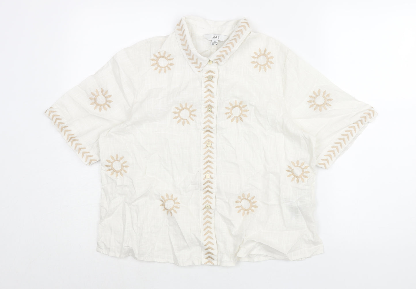 Marks and Spencer Womens Ivory Cotton Basic Blouse Size 10 Collared - Embroidered Sun