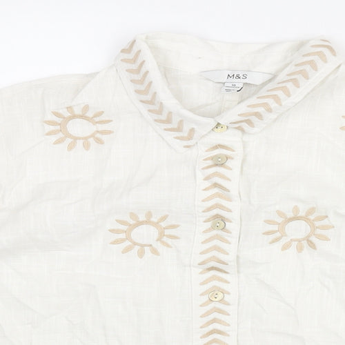 Marks and Spencer Womens Ivory Cotton Basic Blouse Size 10 Collared - Embroidered Sun