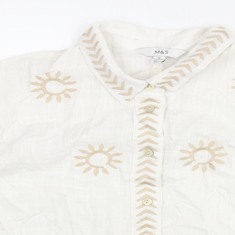 Marks and Spencer Womens Ivory Cotton Basic Blouse Size 10 Collared - Embroidered Sun