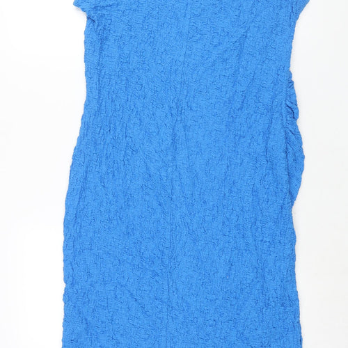 Marks and Spencer Womens Blue Cotton Shift Size 14 Round Neck Pullover - Side Slit Crinkle Look Shoulder Pads