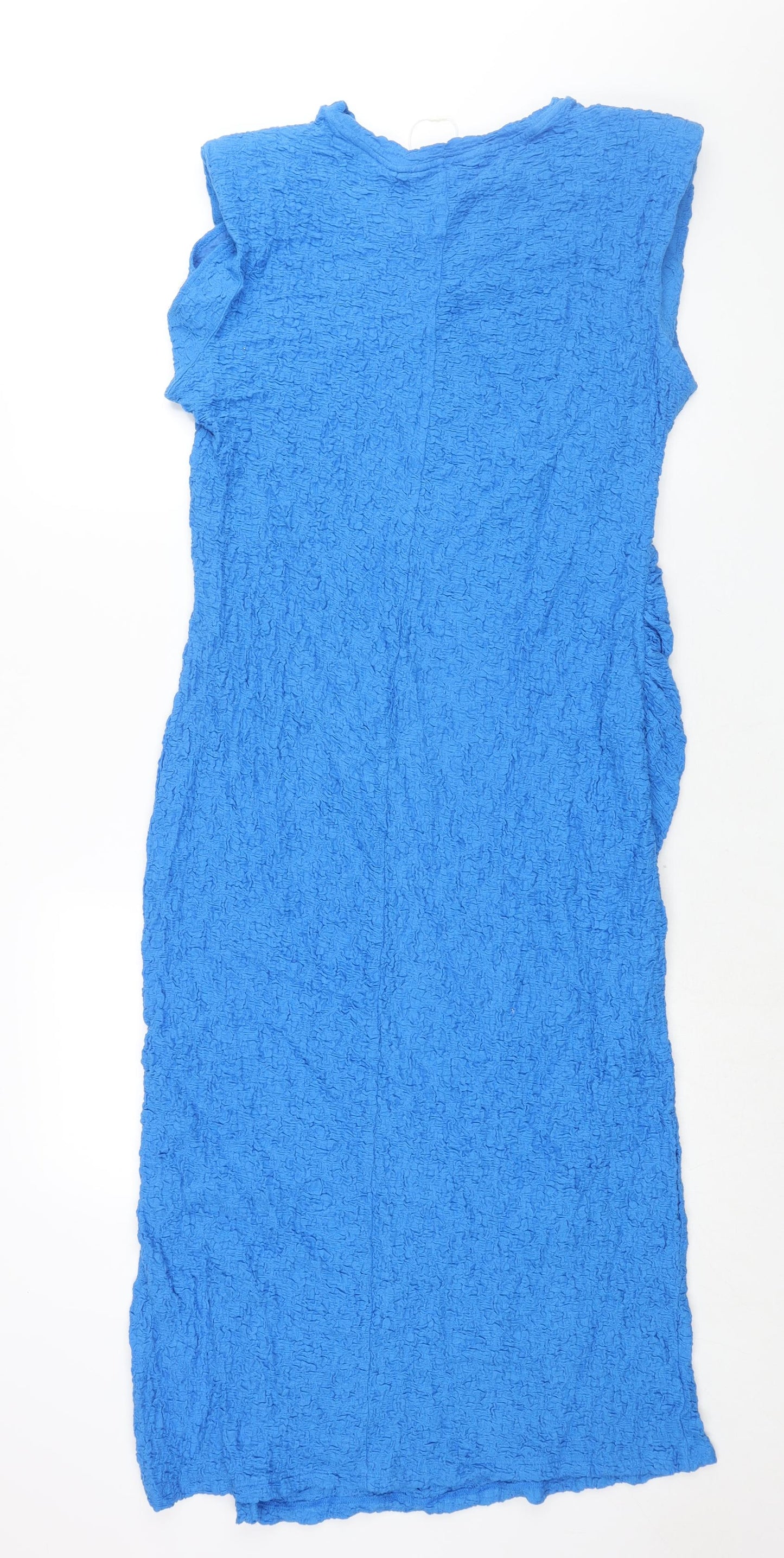 Marks and Spencer Womens Blue Cotton Shift Size 14 Round Neck Pullover - Side Slit Crinkle Look Shoulder Pads