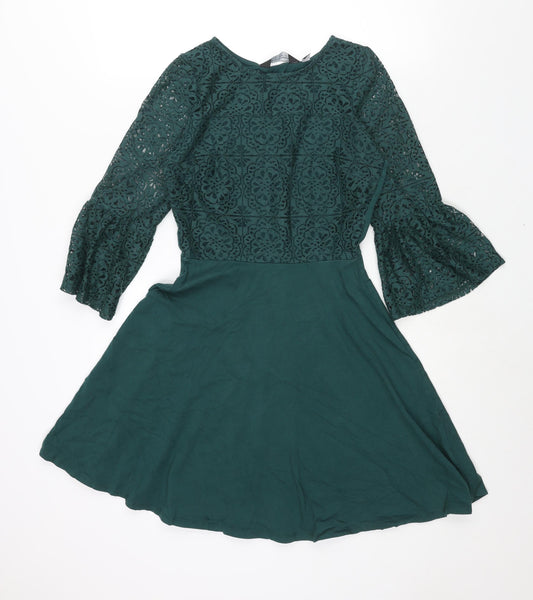 Dorothy Perkins Womens Green Cotton A-Line Size 8 Round Neck Pullover - Lace Bodice Bell Sleeve