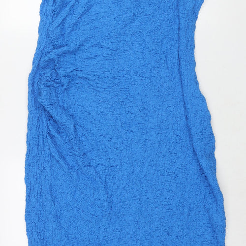 Marks and Spencer Womens Blue Cotton Shift Size 18 Round Neck Pullover - Side Slit Crinkle Look Shoulder Pads