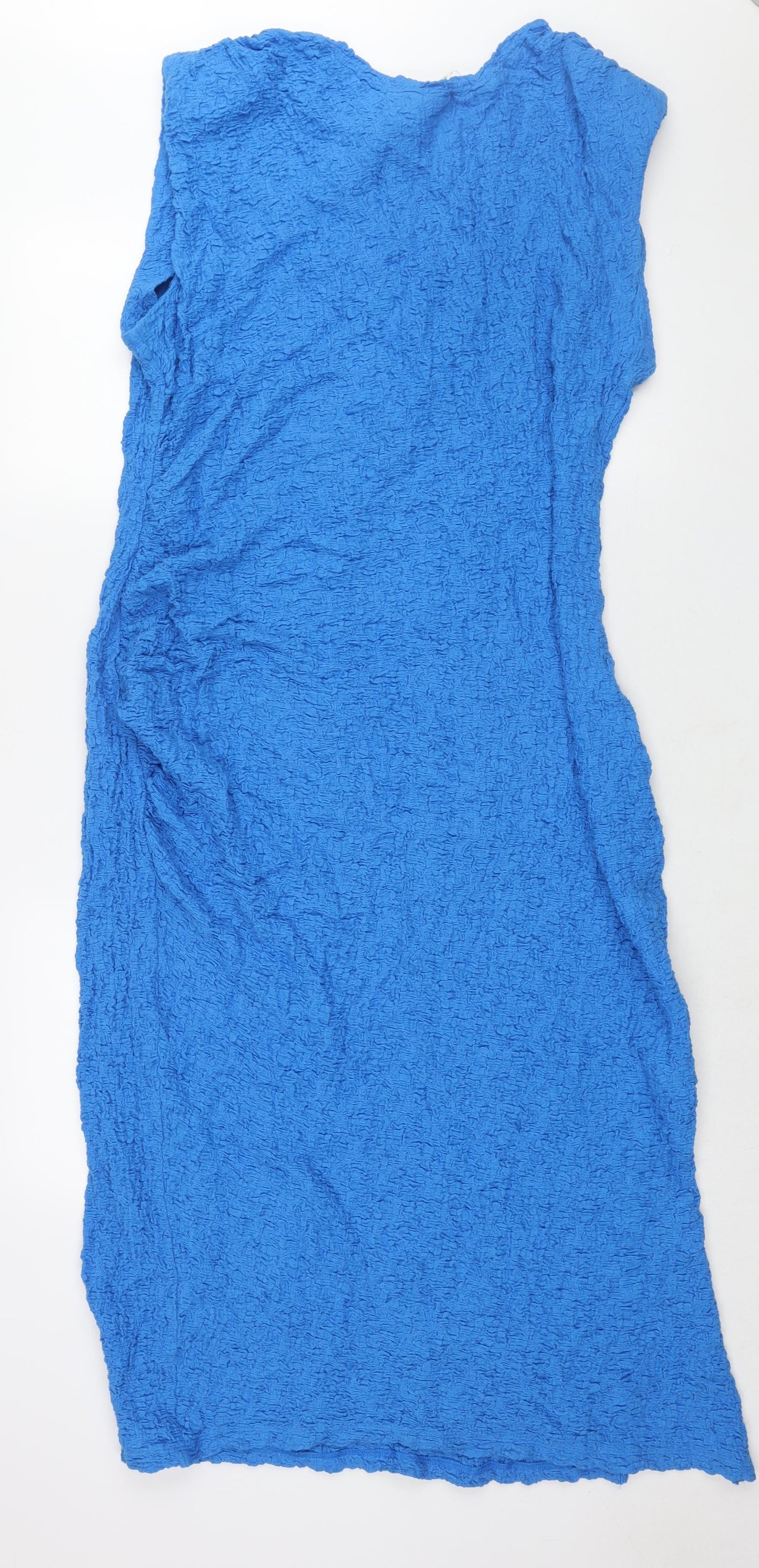 Marks and Spencer Womens Blue Cotton Shift Size 18 Round Neck Pullover - Side Slit Crinkle Look Shoulder Pads