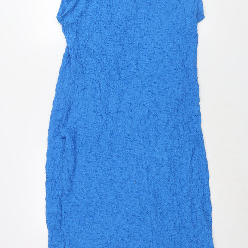 Marks and Spencer Womens Blue Cotton Shift Size 18 Round Neck Pullover - Side Slit Crinkle Look Shoulder Pads