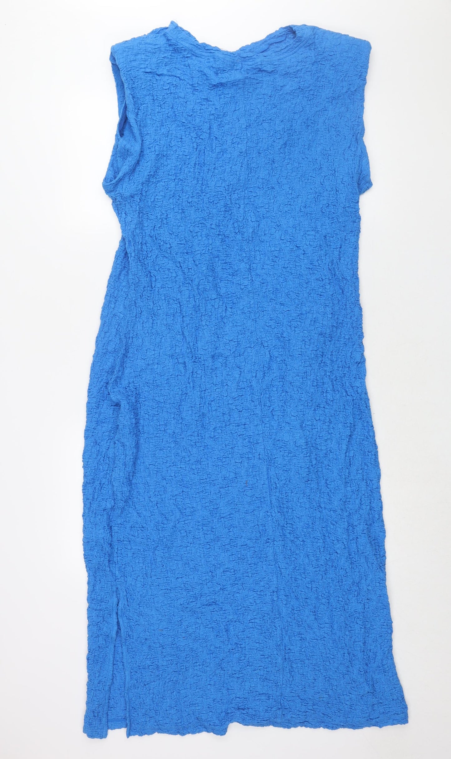 Marks and Spencer Womens Blue Cotton Shift Size 18 Round Neck Pullover - Side Slit Crinkle Look Shoulder Pads