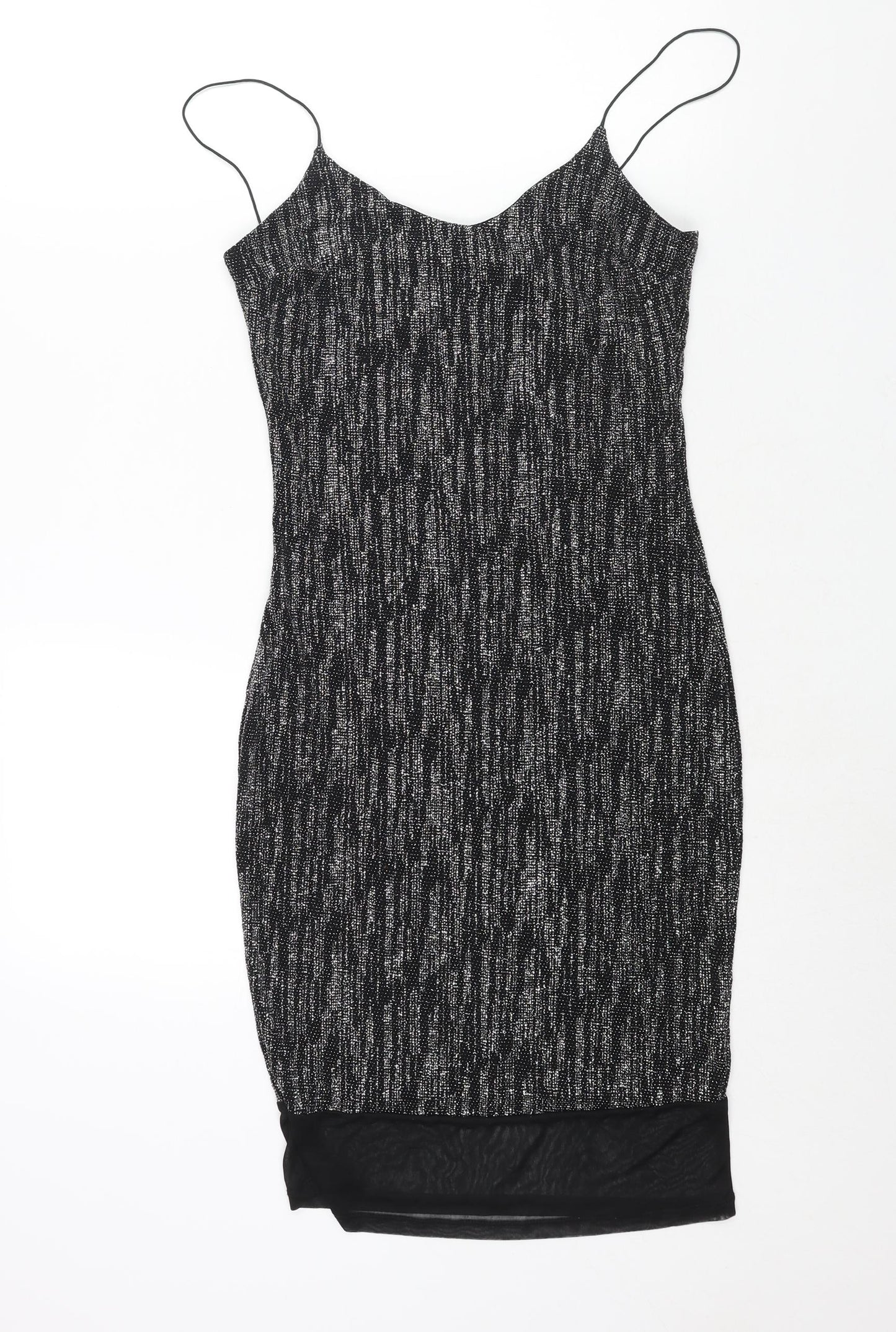 River Island Womens Black Nylon Bodycon Size 10 Scoop Neck Pullover - Mesh Panel Glitter