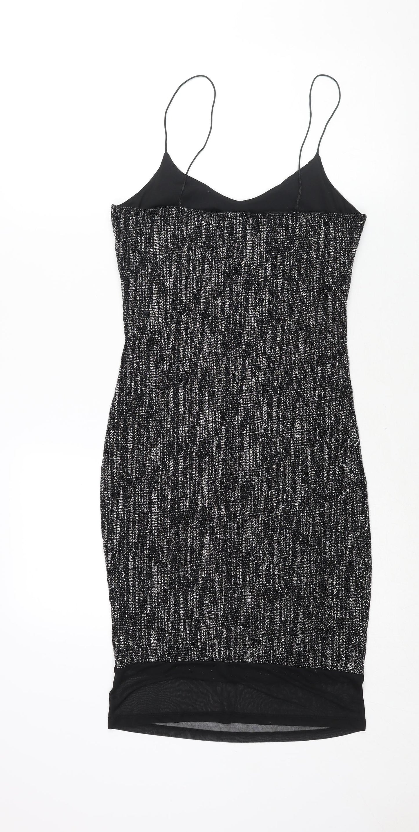 River Island Womens Black Nylon Bodycon Size 10 Scoop Neck Pullover - Mesh Panel Glitter