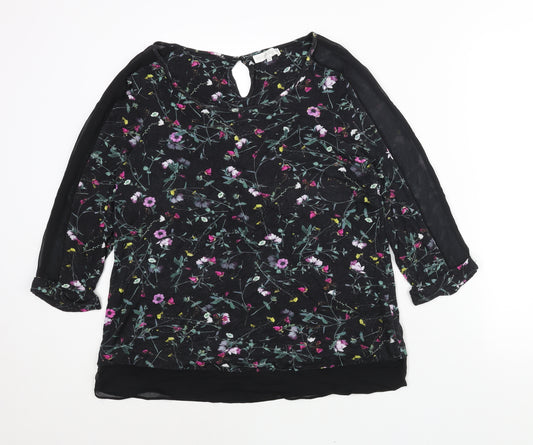 RJR.John Rocha Womens Black Floral Viscose Basic Blouse Size 16 Round Neck - Semi Sheer Panel