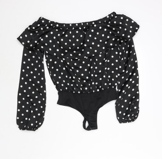 Missguided Womens Black Polka Dot Polyester Bodysuit One-Piece Size 6 Snap - Frill