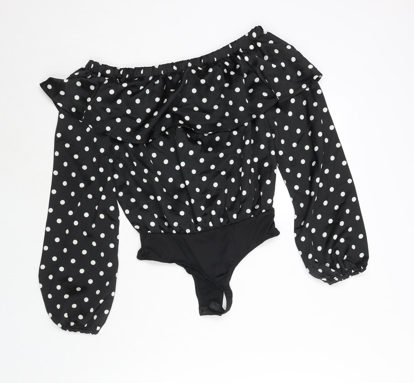 Missguided Womens Black Polka Dot Polyester Bodysuit One-Piece Size 6 Snap - Frill