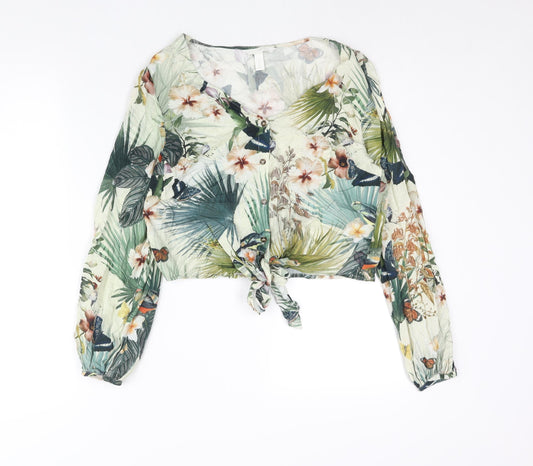 H&M Womens Multicoloured Floral Viscose Cropped Blouse Size 8 V-Neck - Tie Detail