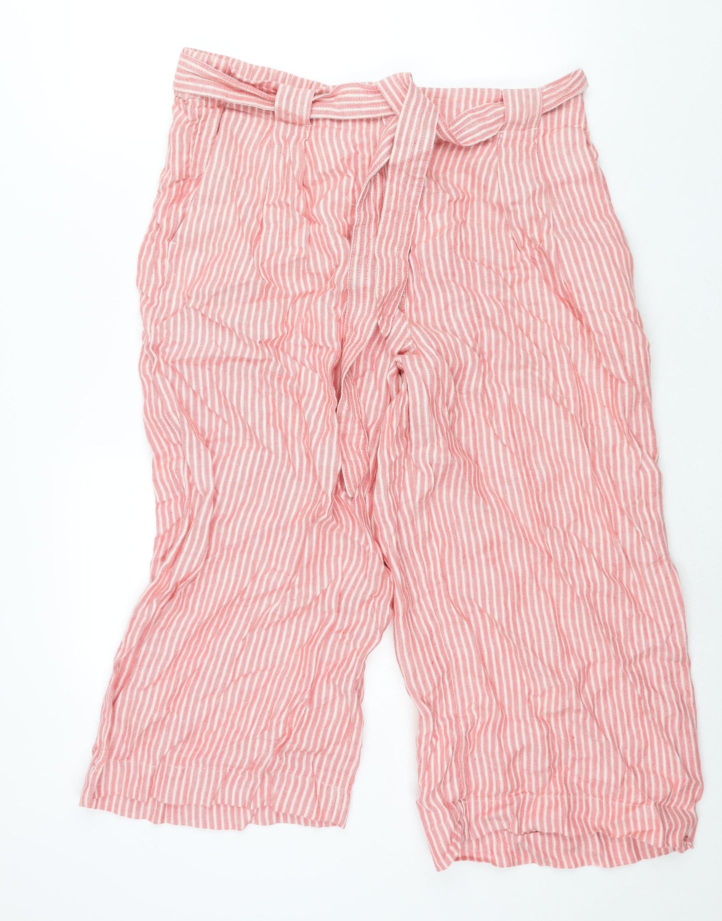 Marks and Spencer Womens Red Striped Linen Cropped Trousers Size 18 L22 in Regular Zip - Belted