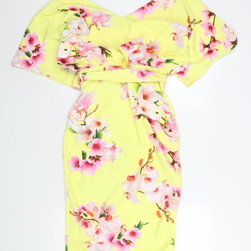 Quiz Womens Yellow Floral Polyester Shift Size 12 V-Neck Pullover - Belted