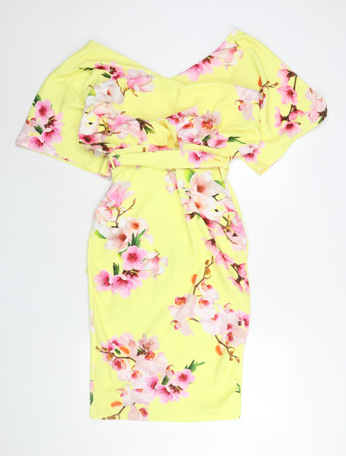 Quiz Womens Yellow Floral Polyester Shift Size 12 V-Neck Pullover - Belted