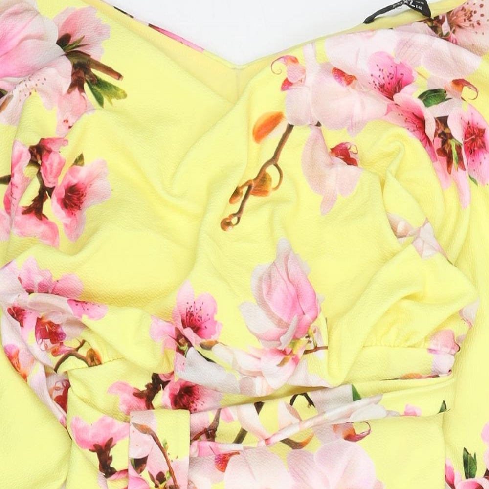 Quiz Womens Yellow Floral Polyester Shift Size 12 V-Neck Pullover - Belted