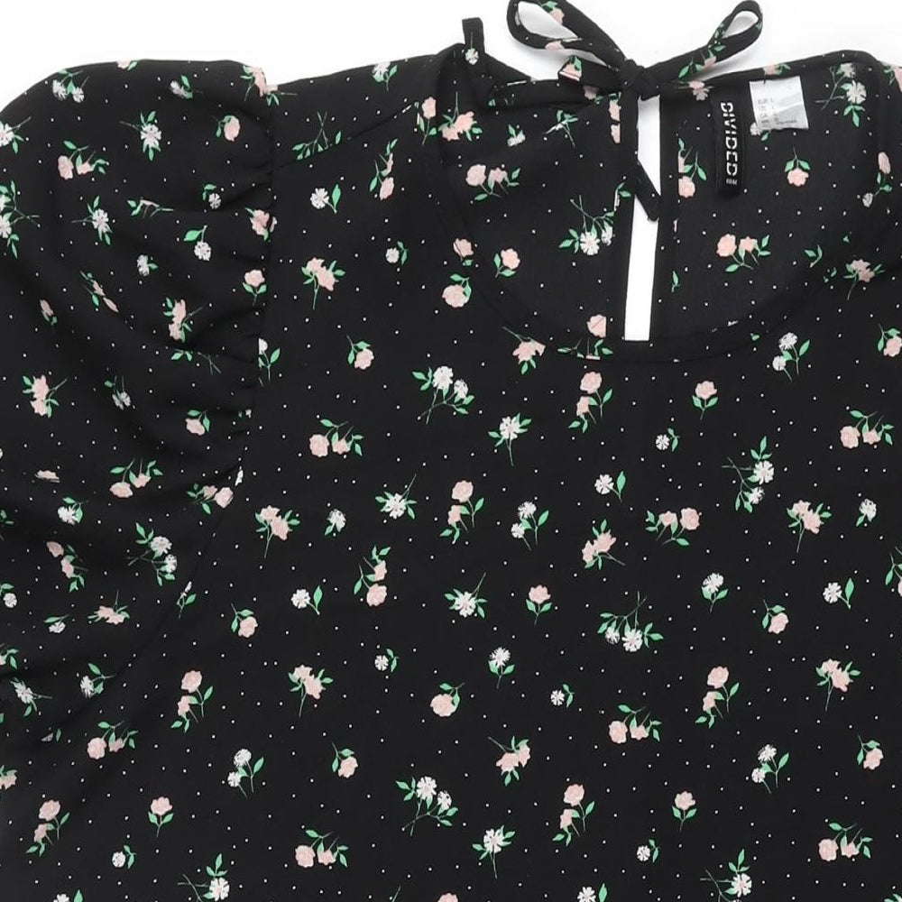 Divided by H&M Womens Black Floral Polyester Shift Size L Round Neck Tie - Smocked