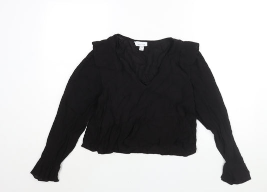 Topshop Womens Black Viscose Basic Blouse Size 10 V-Neck - Frill